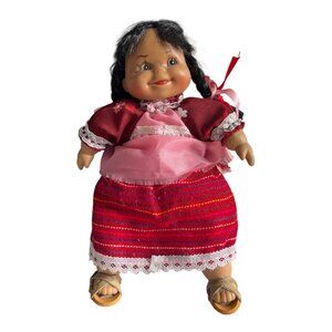 Vintage Mexican Style Muñeca Doll 9” Vinyl Head Braided Hair Folk Dress Souvenir
